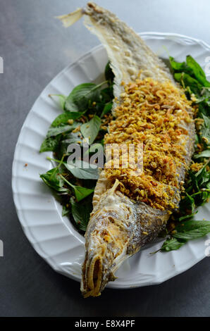 Poisson frit (Sheatfish Micronema apogon) sur table au marché d'origine thaïlandaise Banque D'Images