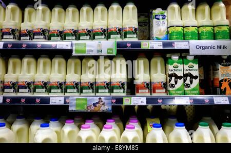 Cartons de lait en plastique en vente dans un supermarché coop england uk Banque D'Images