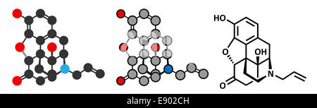 La naloxone, un antagoniste des récepteurs opioïdes. Médicament utilisé dans le traitement du surdosage d'opiacés. Rendu 2D stylisée et squelettique classiques Banque D'Images