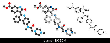 Cancer Nintedanib molécule pharmaceutique. Inhibiteur de l'angiogenèse. Rendu 2D stylisée et conventionnelle formule topologique. Banque D'Images