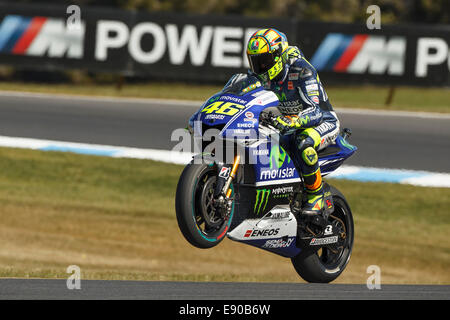 Phillip Island, Australie. 17 octobre, 2014. Valentino Rossi met sur un affichage pour la foule à la fin de la libre pratique au Grand Prix Moto d'Australie. Rossi a réussi à terminer la journée en cinquième place. Credit : Russell Hunter/Alamy Live News Banque D'Images