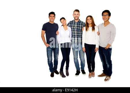 Un groupe de jeunes amis heureux isolé sur fond blanc Banque D'Images