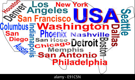 USA site et mots de nuages avec de plus grandes villes Banque D'Images