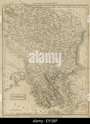 Cette carte de 1811 illustre la Turquie en Europe, mettant en évidence les frontières géopolitiques, les villes clés et les régions de l'Empire ottoman au début du XIXe siècle, offrant un aperçu de la géographie politique de la région. Banque D'Images