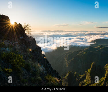 Le soleil qui rayonne à travers une falaise de montagne et une vallée remplie de nuage Banque D'Images