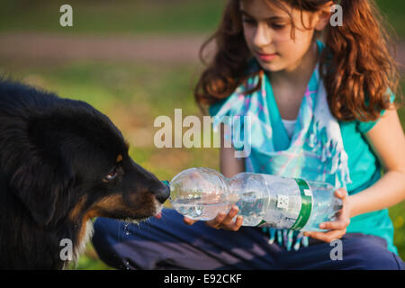 Girl donne un chien à boire Banque D'Images