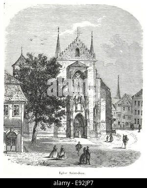 Illustration vintage représentant un nouveau-Johannis-Kirche à Saalfeld. La carte offre une vue détaillée de l’architecture de l’église et de son rôle dans la ville au XIXe siècle. Banque D'Images