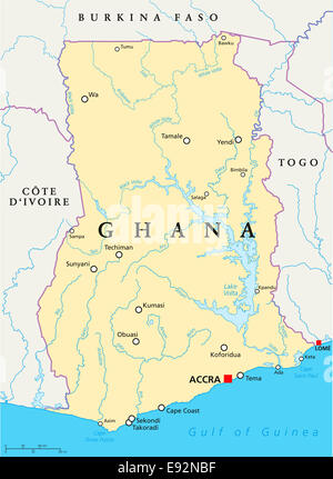 Carte politique du Ghana avec capitale Accra, les frontières nationales, la plupart des grandes villes, rivières et lacs. English l'étiquetage et à l'échelle. Banque D'Images