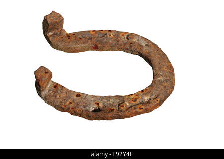 Old rusty horseshoe isolated over white background, symbole de la chance Banque D'Images