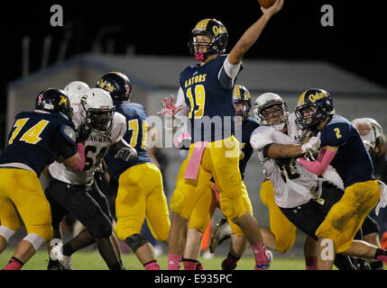 17 octobre 2014 - Land O'Lakes, Florida, États-Unis - BRENDAN FITTERER | fois.Land O'Lakes quarterback James Pensyl passe sous pression dans le deuxième trimestre au cours de l'Sunlake à Land O'Lakes varsity match de football vendredi, Octobre 17. (Crédit Image : © Brendan Fitterer/Tampa Bay Times/Zuma sur le fil) Banque D'Images
