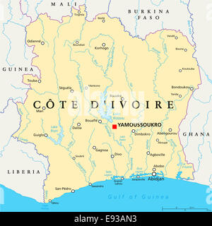 Carte Politique de la Côte d'Ivoire - Côte d'Ivoire - Yamoussoukro, capitale avec les frontières nationales, d'importantes villes, rivières et lacs. Banque D'Images