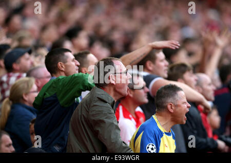 Londres, Royaume-Uni. 18 Oct, 2014. Les supporters d'Arsenal réagit après la blessure de Michael Dawson controversée d'Hull City retardé le match au cours de la Barclays Premier League match être au cours de la Barclays Premier League match entre Arsenal et Hull City à l'Emirates Stadium le 18 octobre 2014 à Londres, en Angleterre. Le match s'est terminé à 2-2 draw. Credit : Han Yan/Xinhua/Alamy Live News Banque D'Images