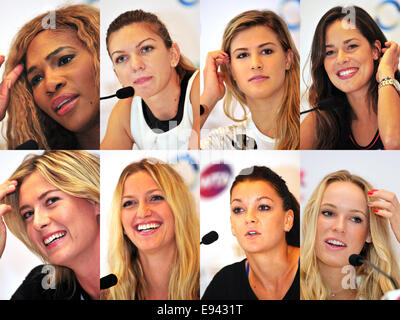 Agnieszka Radwanska, Singapour. 19 Oct, 2014. Combinaison image montre la page 8 joueuses (rangée du haut, de gauche à droite : Serena Williams, Simona, Eugenie Bouchard, : Ana Ivanovic ; rangée du bas, de gauche à droite : Maria Sharapova, Petra Kvitova, Agnieszka Radwanska, Caroline Wozniacki) participation à la conférence de presse de la Women's Tennis Association (WTA) finales dans le Musée ArtScience le 19 octobre 2014. Credit : Puis Chih Wey/Xinhua/Alamy Live News Banque D'Images