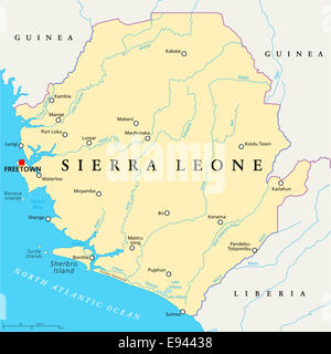 Carte Politique de la Sierra Leone capitale Freetown, avec les frontières nationales, d'importantes villes, rivières et lacs. L'étiquetage en anglais. Banque D'Images