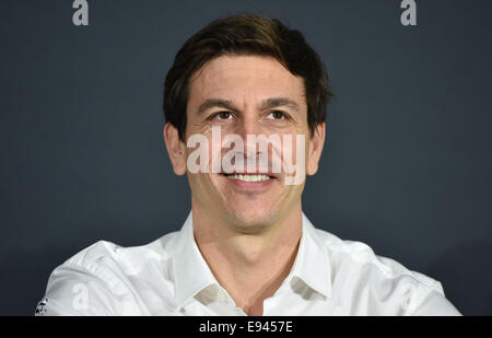 Hockenheim, Allemagne. 19 Oct, 2014. Chef de Mercedes Motorsport Toto Wolff parle au cours d'une conférence de presse à l'Hockenheim avant la dernière course de la saison du Masters allemand de voitures de tourisme (DTM) à Hockenheim, Allemagne, 19 octobre 2014. Photo : Uwe Anspach/dpa/Alamy Live News Banque D'Images