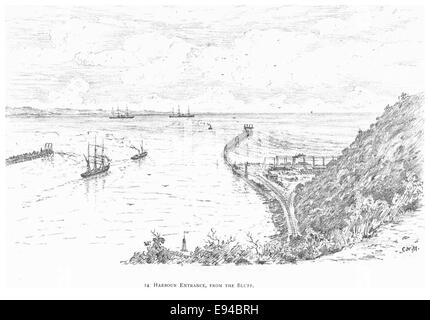 Cette illustration de 1891 représente l'entrée du port de Durban depuis The Bluff, mettant en valeur l'importance maritime du port et la disposition du port à la fin du XIXe siècle. Banque D'Images