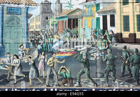 Peinture murale représentant massacre de civils dans la ville de Leon, Nicaragua. Banque D'Images