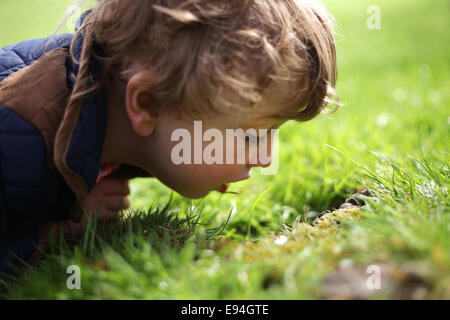 Petit garçon vêtu d'un manteau et portant sur l'herbe Banque D'Images