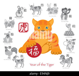 Le Nouvel An chinois du Tigre couleur avec douze zodiaques chinois avec joint en texte gris cercle Illustration Banque D'Images