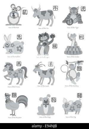 Le Nouvel An chinois Horoscope zodiaque douze animaux avec texte Illustration gris sceau chinois Banque D'Images