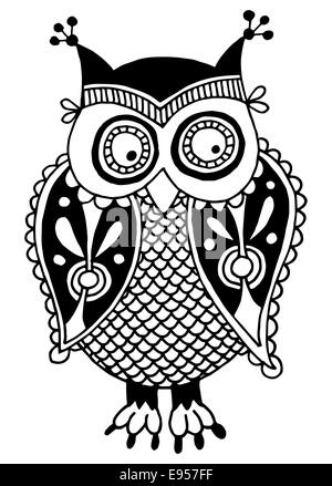 Illustrations originales de owl, encre Dessin à la main dans un style ethnique Banque D'Images