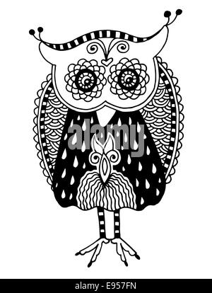 Illustrations originales de owl, encre Dessin à la main dans un style ethnique Banque D'Images