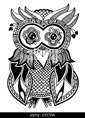 Illustrations originales de owl, encre Dessin à la main dans un style ethnique Banque D'Images