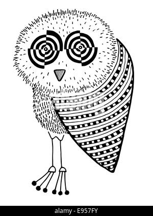 Illustrations originales de owl, encre Dessin à la main dans un style ethnique Banque D'Images