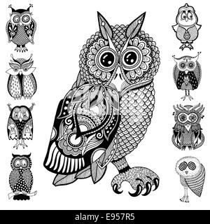 Illustrations originales de owl, encre Dessin à la main dans un style ethnique collec Banque D'Images