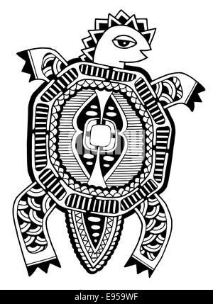 Dessin à l'encre de tortue, motif ethnique, noir et blanc Banque D'Images