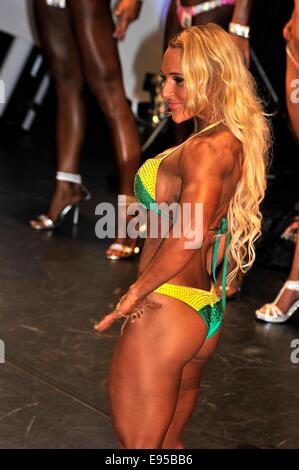 Roosendahl, aux Pays-Bas. 19 Oct, 2014. Candidate en montrant son meilleur au bodybuilding et fitness concours du Walter's Championnat Open néerlandais Bodybuilding et Fitness sur Octobre 19, 2014 dans le théâtre 'De Kring' à Roosendahl YellowPaul, Crédit :/Alamy Live News Banque D'Images