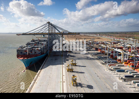 Grand porte-conteneurs Maersk,Edith,étant chargé à la DP London Gateway port sur l'estuaire de la Tamise Banque D'Images