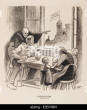 Cette caricature du Dallas Morning News dépeint les conspirateurs, les ouvriers allemands et l'impact du militarisme prussien pendant la première Guerre mondiale. L'illustration reflète les luttes sociétales de l'époque. Banque D'Images