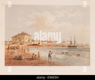 Une photographie d'Eupatoria, située sur la mer Noire en Ukraine. L'image capture des monuments locaux, y compris la mosquée Juma-Jami et l'église orthodoxe Saint-Nicolas, ainsi que des scènes du port et des personnes engagées dans diverses activités comme la natation et la voile. Banque D'Images