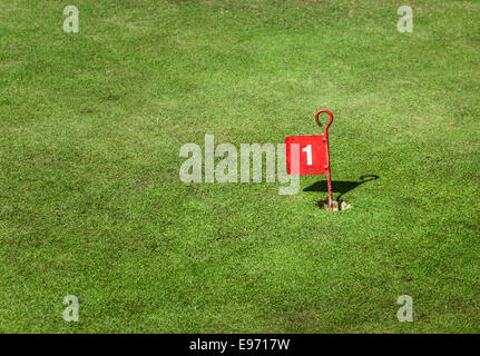 L'étain ancien numéro un marqueur de golf cup drapeau sur un mini golf vert. Banque D'Images