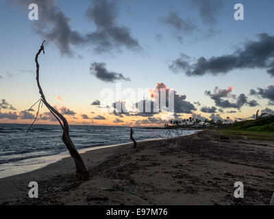 Paysage - Lever de soleil derrière une formation nuageuse dans l'arrière-plan avec de longs courriers Bay Beach et la mer des Caraïbes en premier plan. Banque D'Images