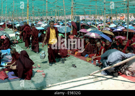 Une mer de parapluies colorés protège les dévots lors de la cérémonie du Kalachakra à Leh, Ladakh, mettant en valeur l'ampleur de ce rassemblement bouddhiste sacré. Banque D'Images