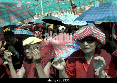 Une mer de parapluies colorés protège les dévots lors de la cérémonie du Kalachakra à Leh, Ladakh, mettant en valeur l'ampleur de ce rassemblement bouddhiste sacré. Banque D'Images