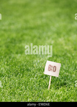 Arrière-plan de botanique herbe verte fraîche avec un label bio dans le coin en bas à droite et peu profondes avec dof copyspace Banque D'Images