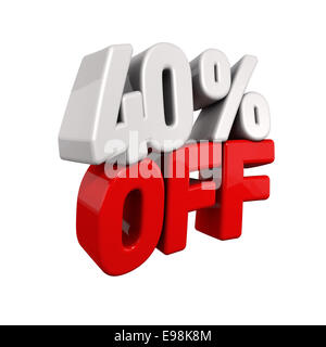 Quarante pour cent de la réduction automatique. Texte 3d pour 40 % en rouge et blanc de l'oblique inclinée isolated on white Banque D'Images