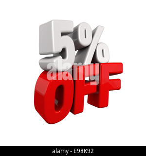 Cinq pour cent de la réduction automatique. Texte 3d pour 5 % en rouge et blanc de l'oblique inclinée isolated on white Banque D'Images