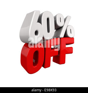 Soixante pour cent de la réduction automatique. Texte 3d pour 60 % en rouge et blanc de l'oblique inclinée isolated on white Banque D'Images