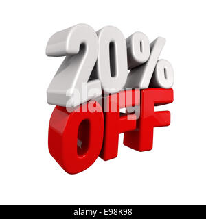 Vingt pour cent de la réduction automatique. Texte 3d pour 20 % en rouge et blanc de l'oblique inclinée isolated on white Banque D'Images