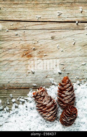 Cône de pin Noël fond rustique avec trois cônes nichée en hiver neige sur old weathered planches en bois avec beaucoup de copyspace pour votre message de Noël de bon temps Banque D'Images