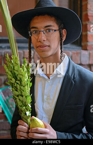 Portrait d'un jeune homme juif religieux, avec un Loulav et Esrog dans une Soucca à Brooklyn, New York Banque D'Images