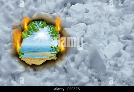 Winter Escape concept comme un trou brûlant sur un fond froid hiver neige révélant un bain tropical beach et l'océan comme une scène traval et locations de symbole. Banque D'Images