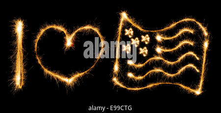 J'aime Inscription pavillon de l'USA a fait des étincelles sur fond noir Banque D'Images