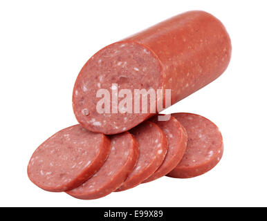 Saucisse savoureuse est sur un fond blanc Banque D'Images