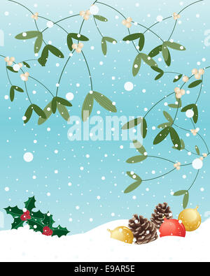 Une illustration d'une carte de vœux de Noël avec le houx d'or et d'épices de fête de fantaisie sur un fond de neige Banque D'Images