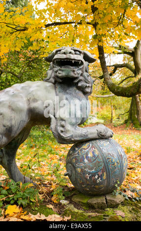 Chien Foo chinois statue en bronze à l'automne de Batsford Arboretum. Moreton-in-Marsh, Gloucestershire, Angleterre Banque D'Images